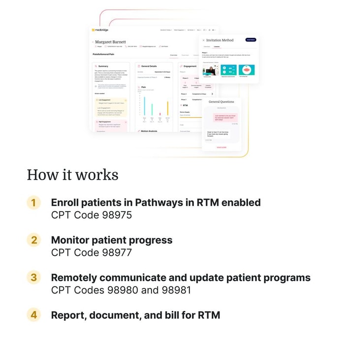 Overview of enrolling patients in RTM with Medbridge, monitoring, updating pathways, and billing using CPT codes 98975, 98977, 98980, and 98981.