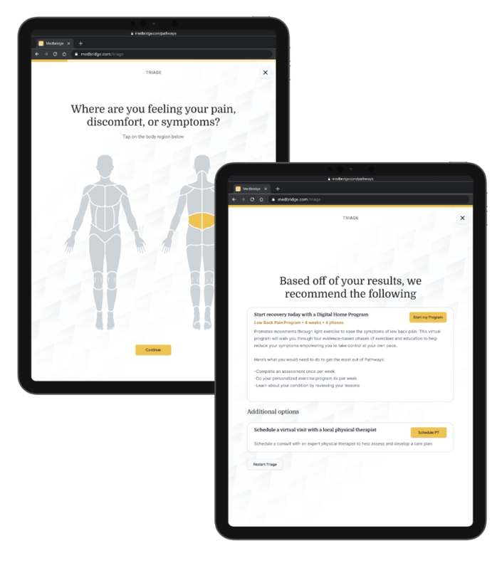Two tablets showcase a Medbridge digital healthcare tool with symptom selection and solution recommendations.