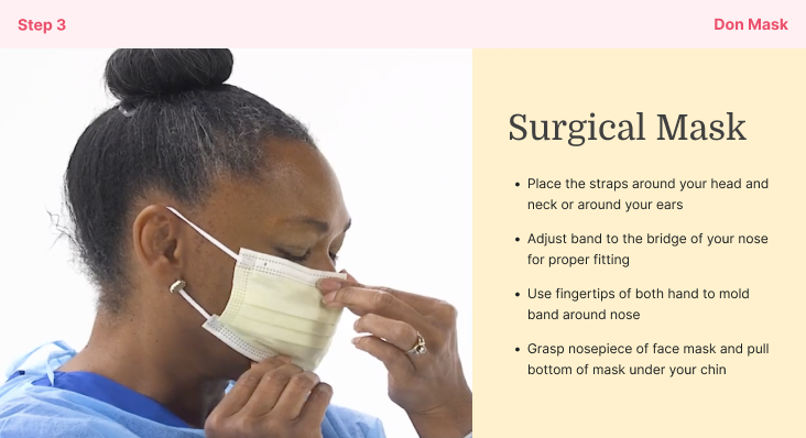 Person adjusting a surgical mask with Medbridge fitting instructions beside them.