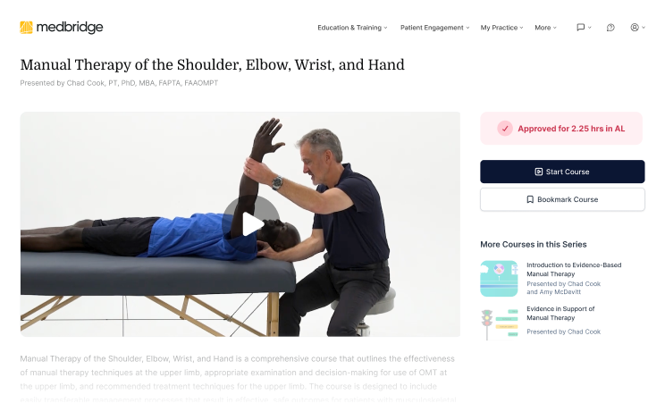 A therapist demonstrates a manual therapy technique on an arm alongside text about a medbridge course on upper limb therapy.