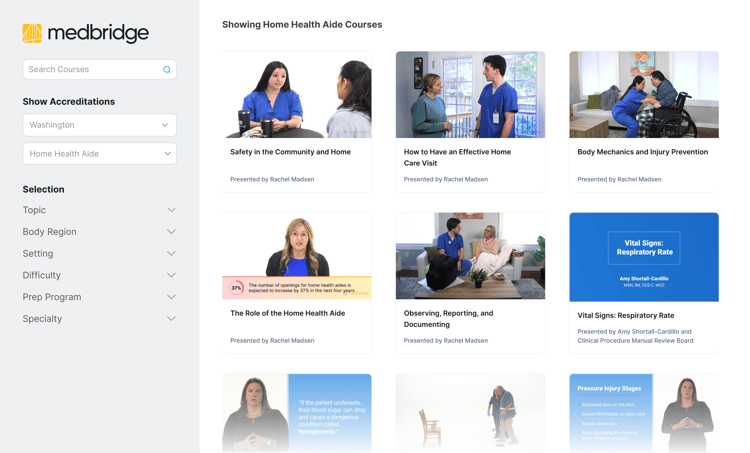 A medbridge webpage shows home health aide courses with titles, instructors, thumbnails, and filters.