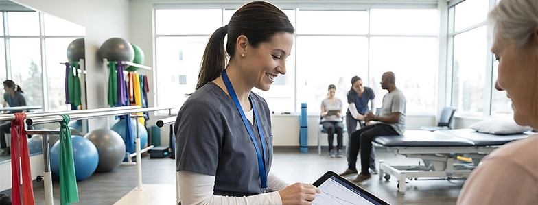 A healthcare worker uses a tablet with medbridge software while speaking to a patient in a rehab clinic.
