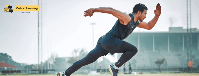 A man in athletic wear sprints on an outdoor track near an empty stadium, with a Cohort Learning logo in the top left corner.