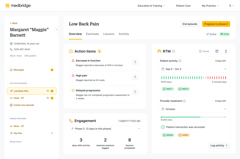 A medbridge dashboard for Margaret Barnett shows low back pain progress, action items, engagement, and RTM activity.