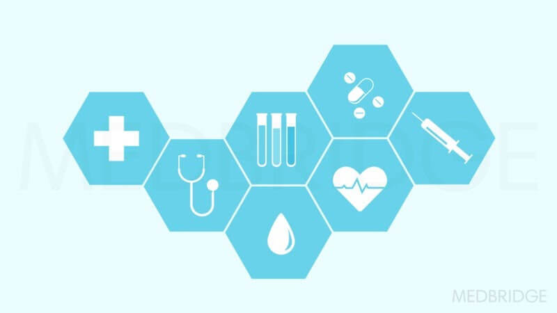 Hexagonal icons of medical symbols on light blue, highlighting patient care software aspects for medbridge.