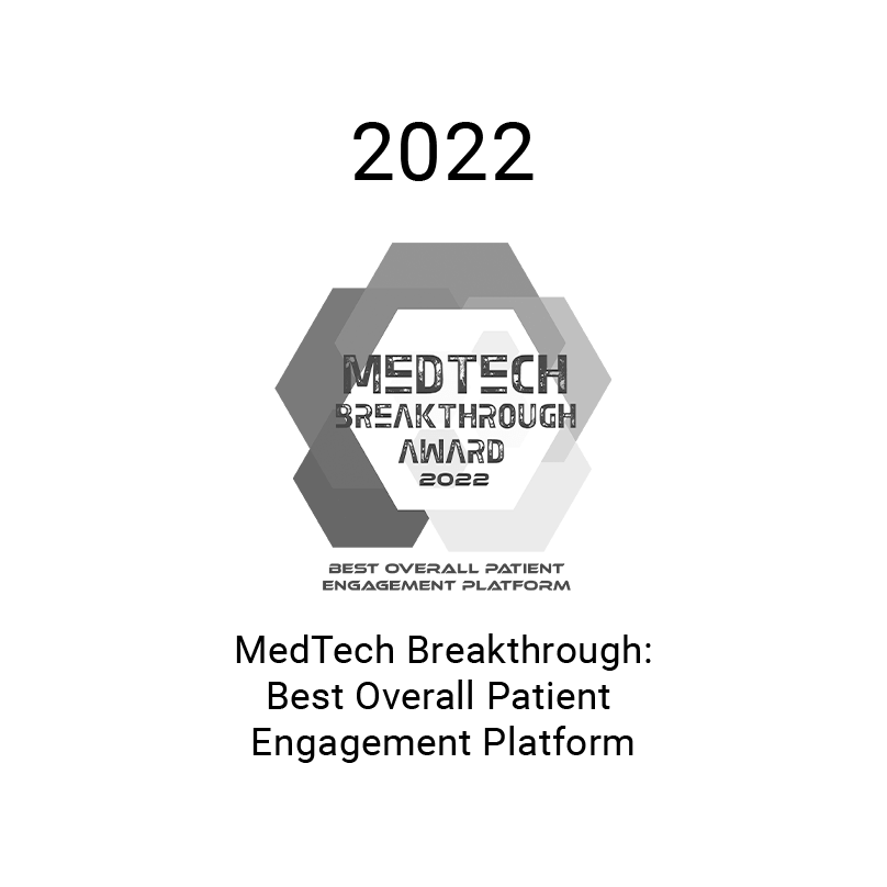 Logo with hexagons, the text "MedTech Breakthrough Award 2022," and "Best Overall Patient Engagement Platform" for medbridge.