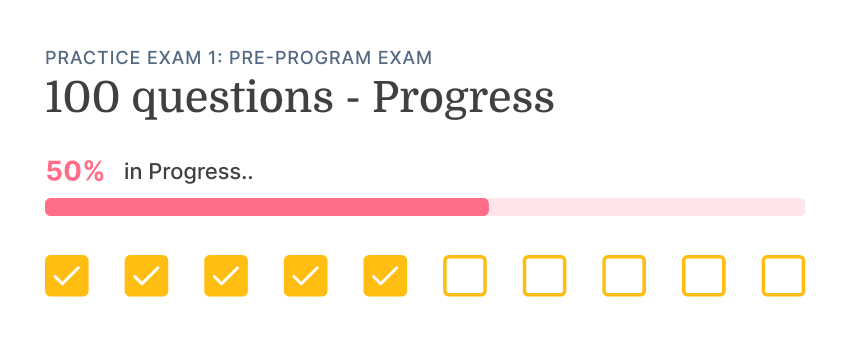 Medbridge practice exam progress bar at 50% with five yellow check marks for completed tasks.