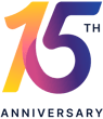 15th anniversary in yellow, pink, and purple gradient with 'ANNIVERSARY' below; celebrates healthcare education by medbridge.