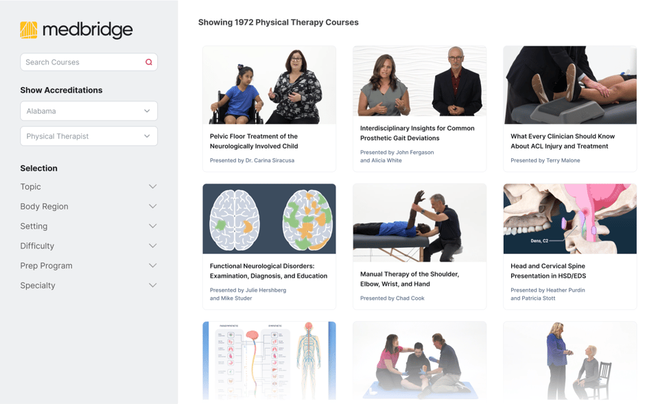 Screenshot of Medbridge platform showing physical therapy courses.
